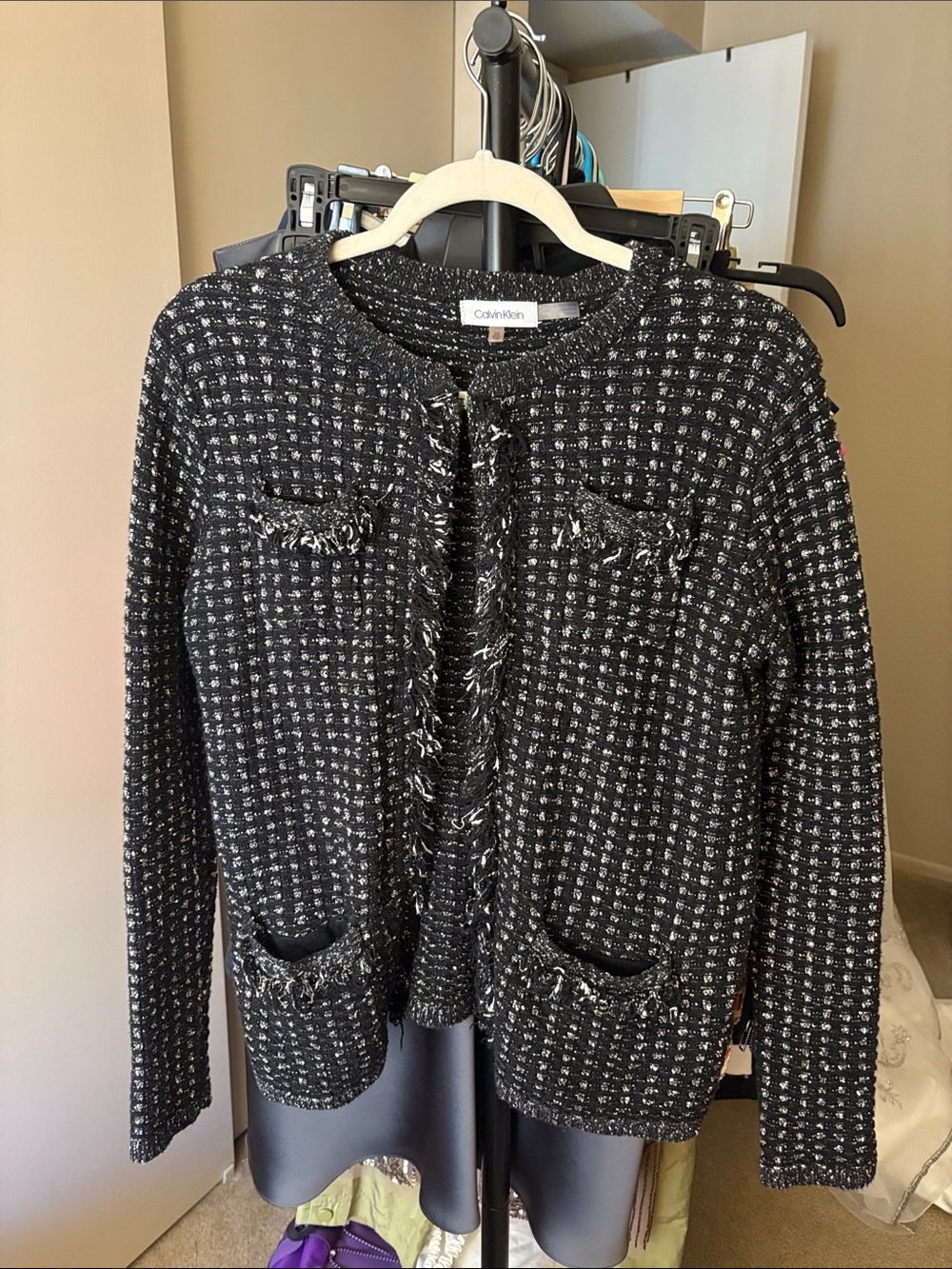 Calvin Klein Black and White Tweed Fringe-Trim Jacket